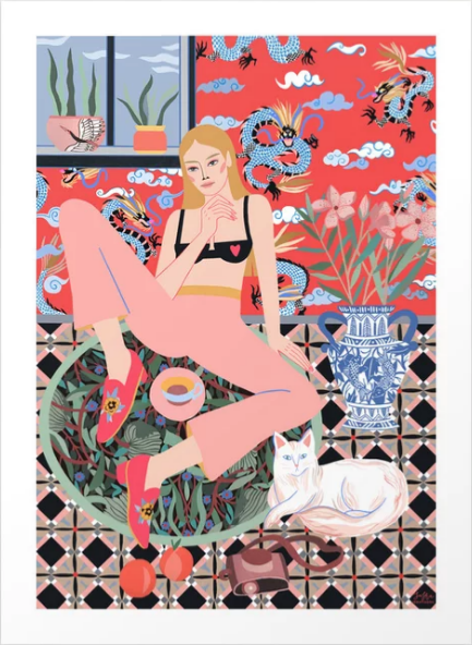 Kitty 4 by Sasha Ignatiadou from the GAL193 Gallery Series Collection shows a person on a patterned rug with geometric shapes, surrounded by lush plants and a white cat. Vibrant dragon motifs on the wall enliven the scene, while a window and blue vase enhance depth.