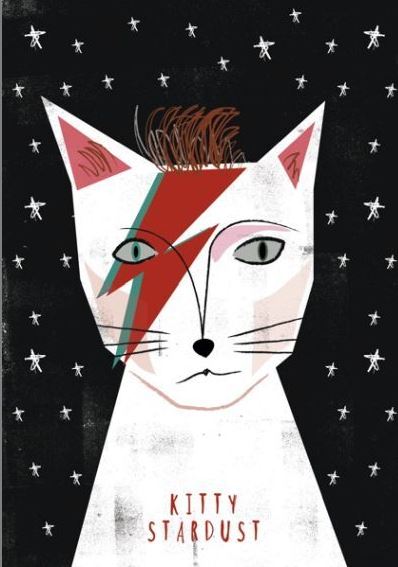 Illustration of a white cat with a "David Bowie" style lightning bolt across its face. The background is black with small white stars scattered throughout. The text at the bottom reads "Kitty Stardust by Nia Gould." Part of the Featured Artists Collection, A3 Art Print by fap.