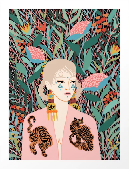 Korean Dream by Sasha Ignatiadou (Brand: GAL178) showcases a captivating art print of a blonde-haired person in a pink shirt with vibrant earrings and face paint, flanked by tigers and lush foliage, as part of a gallery series on archival paper.