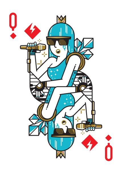 Illustration of the Queen of Diamonds card portrayed as a modern pop singer, featuring Lady Gaga by Dario Genuardi in an A5 format. The queen has blue hair, wears sunglasses, and holds a microphone. She is dressed in a sparkling outfit and surrounded by abstract geometric shapes and musical elements. Perfect for the Little Art series mini prints collection from Blue Dog Posters.
