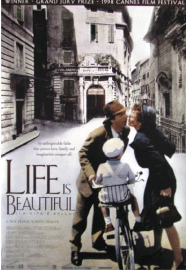 IMP's Extra Large Import Poster for "Life is Beautiful" features a man and woman kissing passionately in the street while a boy on a bicycle looks at them. The background shows an Italian street scene. This poster, printed on premium 150gsm gloss paper, highlights the film's awards, including the Grand Jury Prize at the 1998 Cannes Film Festival.