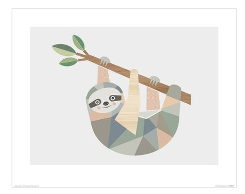 Illustration of a geometric-style sloth with patchy, multicolored fur hanging from a branch with green leaves. The background is plain white, creating the perfect addition to your creature-themed decor series as a beautiful Little Design Haus Sloth art print by Blue Dog Posters.