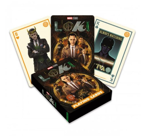 A deck of Loki Playing Cards by Blue Dog Posters is displayed, featuring a box with the Marvel Studios logo and "Loki" on it. Three cards are shown in front: an 8 of hearts with Loki, a king of spades with He Who Remains, and a card showcasing various Loki-themed artwork.