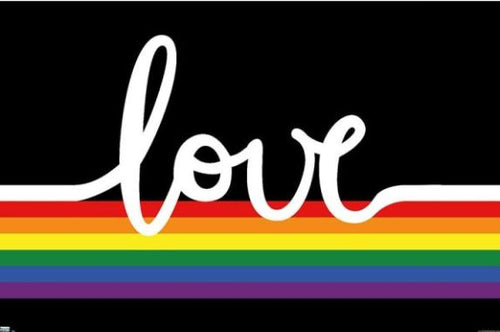 The image features the word "Love" in white, cursive letters on a black background, with a horizontal rainbow stripe running through the middle. The rainbow colors are red, orange, yellow, green, blue, and purple, symbolizing LGBTQ+ pride. This urban art poster comes from ART 046 and is printed on premium 150gsm gloss paper.