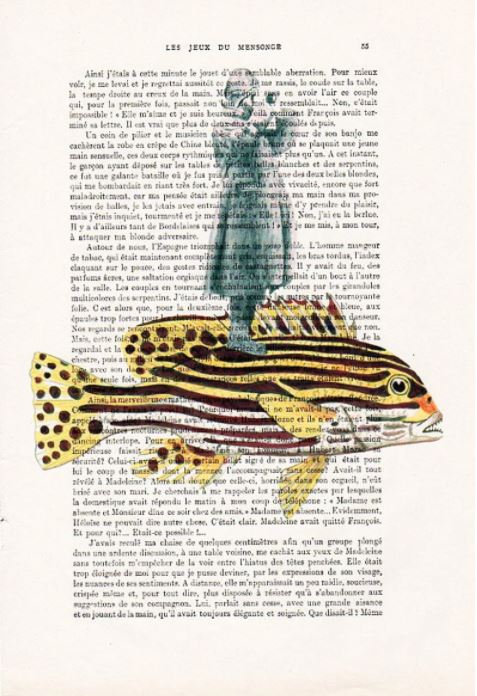 A collage art piece showing a colorful, striped fish overlaying a page of French text. At the top of the fish, there is a black-and-white image of a classical statue. The text, sourced from antique French books, creates a unique blend of imagery and literature by ABP's Antique Book Print 15 x 21cm Man on Fish.
