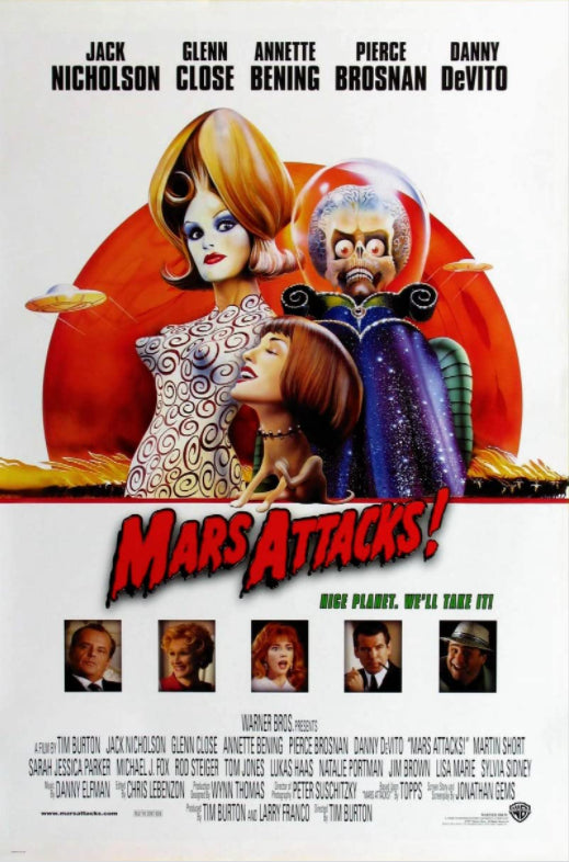 A colorful movie poster for "Mars Attacks!" by IMP 032 featuring large cartoonish Martians and their spacecraft, printed on premium 150gsm gloss paper. The top includes cast names: Jack Nicholson, Glenn Close, Annette Bening, Pierce Brosnan, and Danny DeVito. The tagline reads, "Nice planet. We'll take it!”