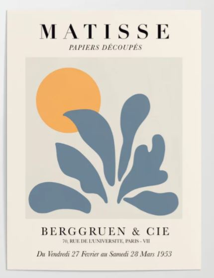The "Matisse Berggruen & Cie 1953" poster by GAP features an abstract cut-out artwork with blue leaf-like shapes and an orange circle symbolizing the sun, printed on archival paper. Part of the Gallery Series, this exhibition was showcased at Berggruen & Cie in Paris from February 27 to March 28, 1953.