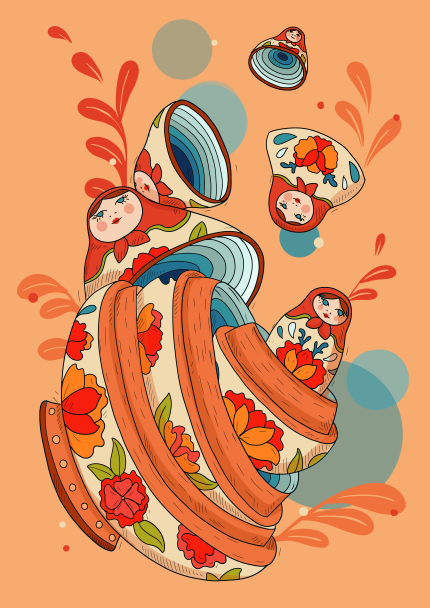 Illustration of "Anya Shcherban - Matryeshka" by GAL179: Vibrant Russian nesting dolls with intricate floral patterns, each separated to reveal their interiors. Set on matte art paper, red swirls and abstract shapes enhance the dolls against an orange backdrop.