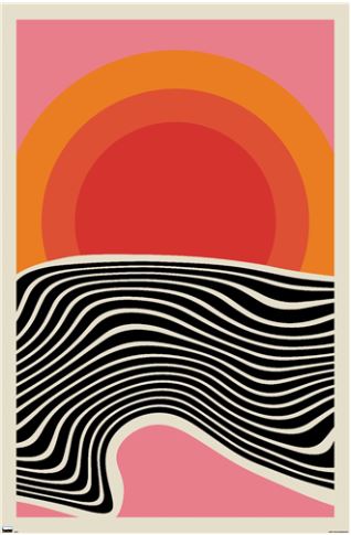 Introducing the "Minimalist Sunset" poster by ART 098, an abstract illustration featuring a large red sun set against a vibrant pink and orange sky. The foreground showcases wavy black and white lines creating a stylized landscape. Printed on premium 150gsm gloss paper, this piece offers a dynamic and lively composition sure to elevate any space.
