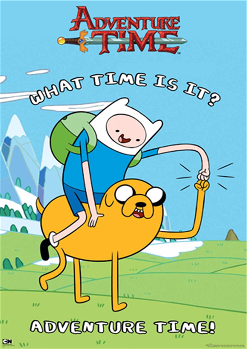 Product Description: "Adventure Time - Finn and Jake" by MTV 016 showcases a vibrant cartoon poster featuring Finn, who wears a white hat and green backpack, riding on Jake, the yellow dog. They are depicted in a lush grassy landscape with striking blue mountains in the background. The text reads "What time is it? Adventure Time!" making it an ideal addition to any Kids TV Poster collection.