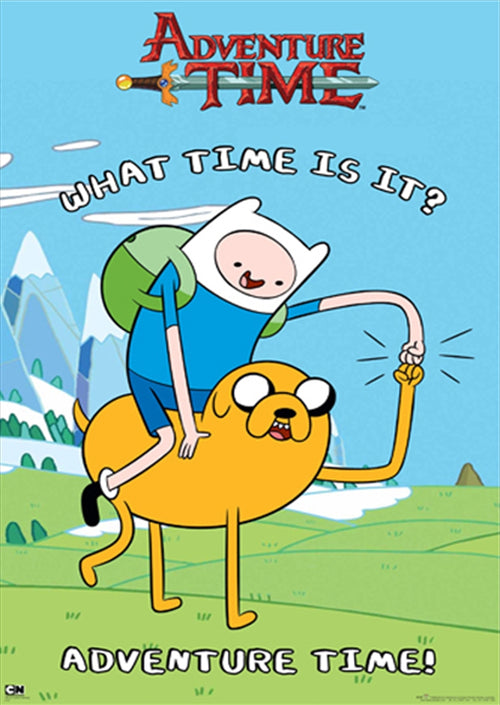 Product Description: "Adventure Time - Finn and Jake" by MTV 016 showcases a vibrant cartoon poster featuring Finn, who wears a white hat and green backpack, riding on Jake, the yellow dog. They are depicted in a lush grassy landscape with striking blue mountains in the background. The text reads "What time is it? Adventure Time!" making it an ideal addition to any Kids TV Poster collection.