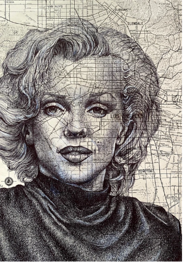 A black-and-white sketch of a woman with wavy hair and a contemplative expression is superimposed on a detailed map, showcasing streets and locations like Los Angeles, Glendale, and Van Nuys. The woman's high-necked top adds elegance to this Marilyn Monroe by The Art of the North Art Print, created using Digital Laser printing techniques by fap Featured Artists.