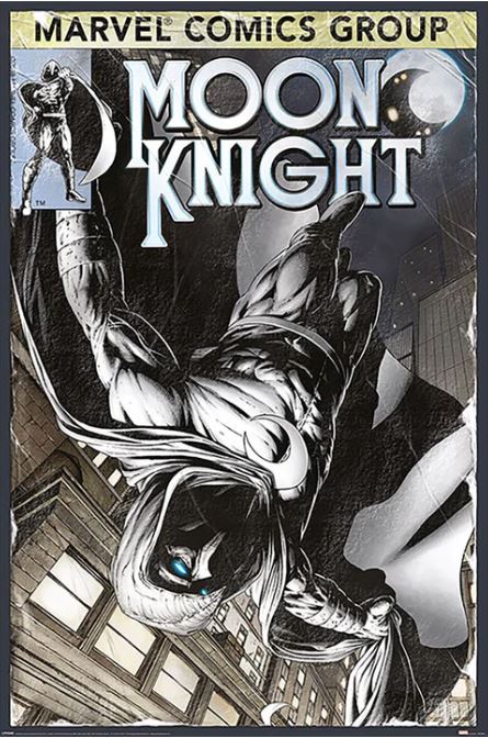 A comic book cover titled "Moon Knight Comic Book Cover" by MTV 231, ideal for enthusiasts of the Movies & TV Collection. The cover features Moon Knight, a superhero donning a white costume with a hood and cape, dynamically leaping between city buildings at night.