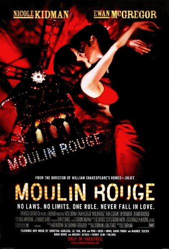 Romantic movie poster for the film classic "Moulin Rouge!" showing a couple in an intimate embrace and kiss, with the title displayed in bright marquee lights, and actors' names, Nicole Kidman and Ewan McGregor, above. The tagline at the bottom reads: "No laws. No limits. One rule. Never fall in love." Featuring the product Moulin Rouge by IMP 001.