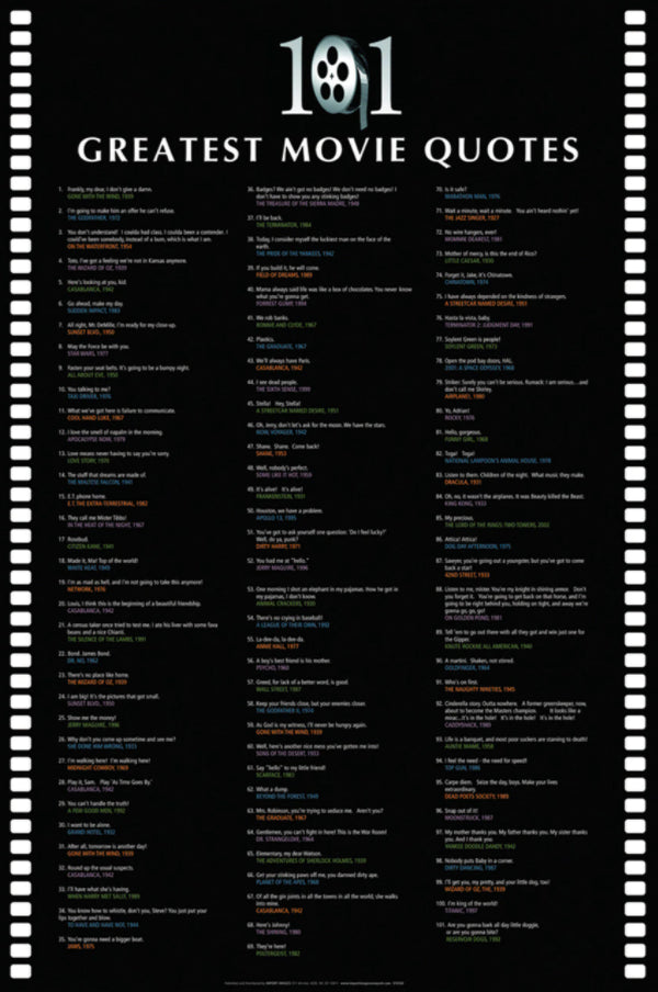 A black poster titled "101 Greatest Movie Quotes" by MTV 190 features a list of iconic quotes from various films. Each quote is numbered, followed by the character's name, the movie title, and the release year. The text is arranged in five columns, resembling a film strip.