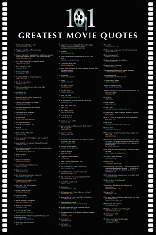 A black poster titled "101 Greatest Movie Quotes" by MTV 190 features a list of iconic quotes from various films. Each quote is numbered, followed by the character's name, the movie title, and the release year. The text is arranged in five columns, resembling a film strip.