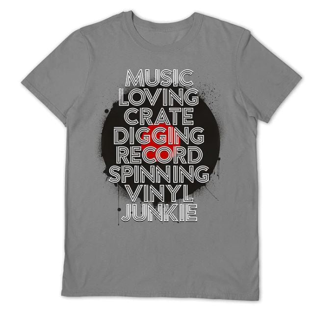 Introducing the Music Loving T-shirt Black by Blue Dog Posters, available in XL. This stylish black tee features the phrase "Music Loving Crate Digging Record Spinning Vinyl Junkie" vertically stacked, with "Record" highlighted in bold red, while the other words are in white. Embrace this artist-inspired design and showcase your love for music!