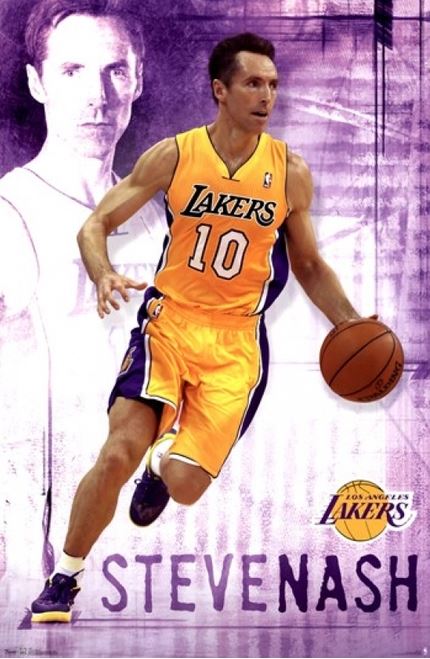 A basketball player in a Los Angeles Lakers uniform, wearing jersey number 10, is seen dribbling a basketball. The background features a larger, faded image of him alongside the Lakers logo. The name "Steve Nash" is prominently displayed at the bottom of this high-quality NBA - LA Lakers poster by SPO 023, printed on premium 150gsm gloss paper and perfect for any sports collection.