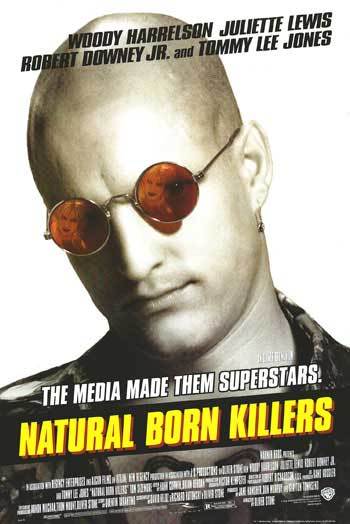 A movie poster for "Natural Born Killers - Woody Harrelson" by IMP 037 showcases a bald man sporting round, orange-tinted sunglasses. At the top, it lists the actors Woody Harrelson, Juliette Lewis, Robert Downey Jr., and Tommy Lee Jones. The tagline reads, "The media made them superstars.