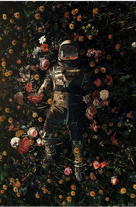 An astronaut in a spacesuit lies on their back amidst an array of colorful, blooming flowers. The helmet visor reflects the sky above, merging elements of space and nature. This captivating scene embodied in "Nicebleed - Garden Delights" by ART is perfect for any Art & Decor Poster Collection, symbolizing exploration and earthbound beauty.
