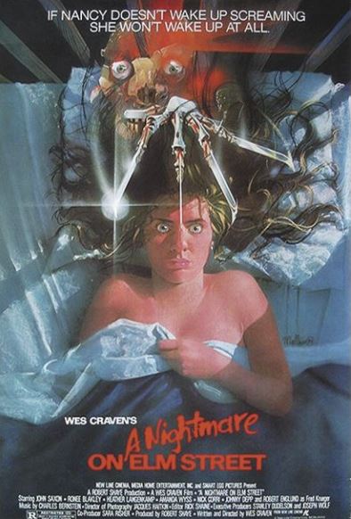 The NIGHTMARE ON ELM STREET I POSTER by IMP 027 depicts a young woman lying in bed with a terrified expression, her eyes wide open. Above her, a menacing figure with claws looms ominously. Printed on premium 150gsm gloss paper, the text at the top reads, "If Nancy doesn't wake up screaming, she won't wake up at all.