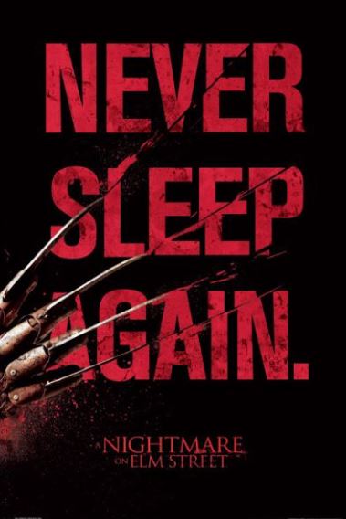 Movie poster titled "A Nightmare on Elm Street - Sleep" by MTV 168, featuring a black background and the red text "NEVER SLEEP AGAIN." in the center. On the left side, a glove with sharp metal claws appears to be slashing through the poster. At the bottom, "A Nightmare on Elm Street" is written in red text. Perfect addition for any Movies & TV Collection.
