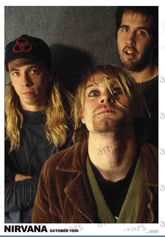 A candid photo of three men from the band Nirvana taken in October 1990, perfect for your music collection. The man in front has medium-length blond hair and a somber expression. The man on the left has long blond hair, and the man on the right has short dark hair. Printed on premium 150gsm gloss paper, text reads "NIRVANA October 1990." Introducing the product: **Nirvana October 1990** by **MUS 304**.