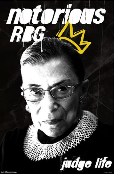 A stylized black-and-white portrait of a woman wearing glasses and a laced collar, featuring the text "notorious RBG" above her in white and a yellow crown drawing above her head. This artwork is part of the Life & Humour Collection by ALT 031, with the phrase "judge life" appearing in white text at the bottom right corner. The product name is RBG Ruth Bader Ginsburg.