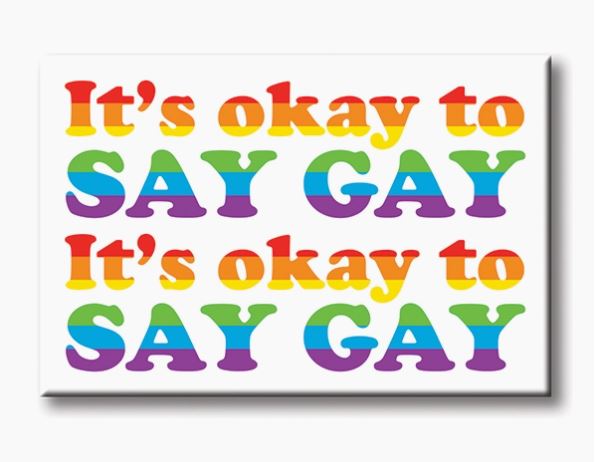 The "Its Ok to say Gay Magnet" by Blue Dog Posters features a white background decorated with the repeatedly written phrase "It's okay to SAY GAY" in rainbow-colored letters, mimicking the look of fridge magnets. The word "GAY" is uniquely stylized with each letter in different colors reflecting the pride flag. This design serves as an ideal reminder of acceptance and inclusivity for house guests.