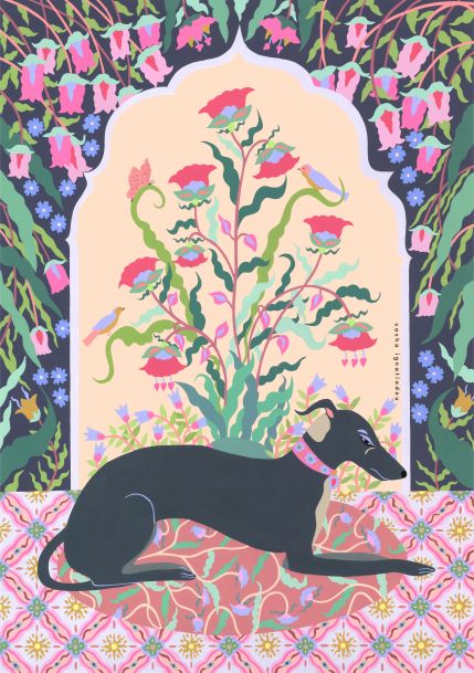 A stylized image of a black dog lying on an ornate, patterned tile floor in front of an arched background filled with colorful, intricate floral designs. The dog wears a collared leash and appears to be resting peacefully. This art print is titled "Sobaka" by Sasha Ignatiadou and is part of the Featured Artists Collection from Blue Dog Posters.