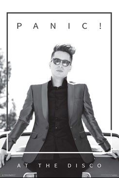 Black and white photo of a person wearing a suit and sunglasses, leaning back on a car. The words "Panic! At The Disco" are prominently displayed at the top and bottom of this large regular pop poster. This "Panic! At The Disco - Brendon Leaning" poster by MUS 225 is perfect for any music collection.