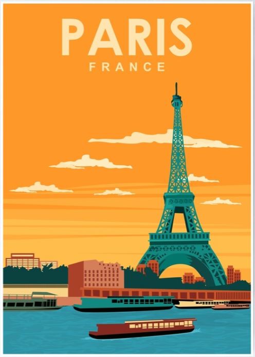 A retro-style travel poster titled "Paris Seine by Jorn Van Hezik" from the TAP brand depicts the Eiffel Tower in Paris, France. The warm orange sky with scattered clouds sets a vibrant backdrop, while the foreground features a cityscape silhouette with boats on the Seine River. Part of the Vintage Advertising Art Print collection, it proudly displays "PARIS FRANCE" at the top.