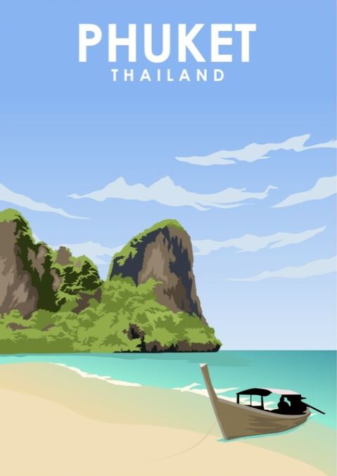 Experience a minimalist illustration of Phuket, Thailand with "Phuket Thailand by Jorn Van Hezik" from TAP. Reminiscent of vintage advertising art prints, it showcases a serene beach with light-colored sand, clear turquoise waters, and lush green rocky cliffs in the background. A wooden long-tail boat is anchored near the shore under a bright blue sky dotted with scattered clouds.