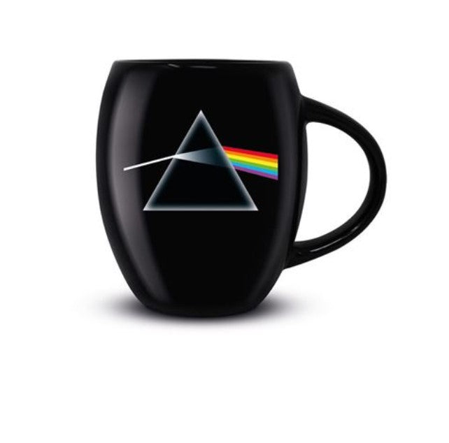 Part of our Homewares Collection, the Blue Dog Posters Pink Floyd - Curved Mug features the iconic prism and rainbow design from Pink Floyd's "The Dark Side of the Moon" album cover. The design showcases a white light beam entering a triangle and splitting into a colorful spectrum on a sleek, glossy surface.