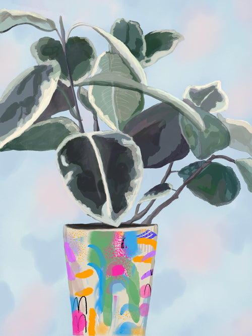 A digitally illustrated scene from Blue Dog Posters' Little Art series showcases the "Plant in Graffiti Pot," featuring a tall vase adorned with colorful abstract patterns in vibrant hues of pink, green, yellow, and blue. The vase holds a large, lush plant with broad leaves exhibiting distinct white and dark green variegation, set against a soft pastel-toned background.