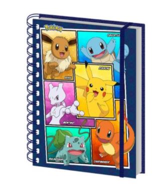 The Blue Dog Posters' Pokémon Panels A5 Spiral Notebook features a blue elastic band and showcases various Pokémon characters on the cover, such as Eevee, Squirtle, Pikachu, Mewtwo, Bulbasaur, and Charmander arranged in colorful rectangular panels. The word "Pokémon" is positioned in the top left corner.
