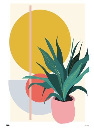 Introducing the Abstract Potted Plant from ART 061, an exquisite piece in our Art & Decor Poster Collection. This artwork features a potted plant with lush green leaves set prominently in the foreground. The backdrop is adorned with elegant geometric shapes: a grand yellow circle, a smaller red circle, a light blue semicircle, and a vertical tan line, all beautifully contrasted against a beige background.