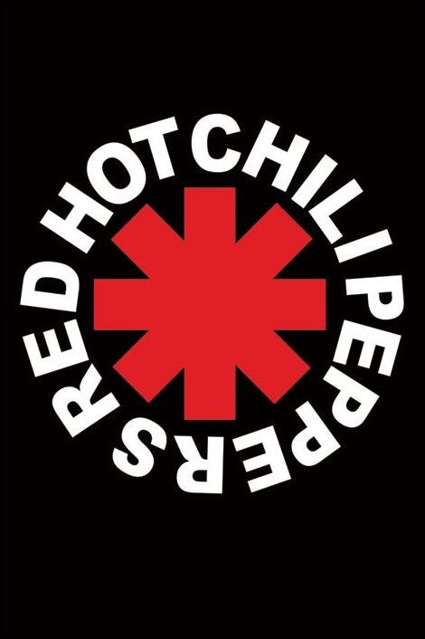 A black background features the Red Hot Chili Peppers' logo: a red asterisk in the center, with the band's name in white capital letters forming a circle around it. Perfect for any MUS 276 Red Hot Chili Peppers poster you want to add to your music collection.
