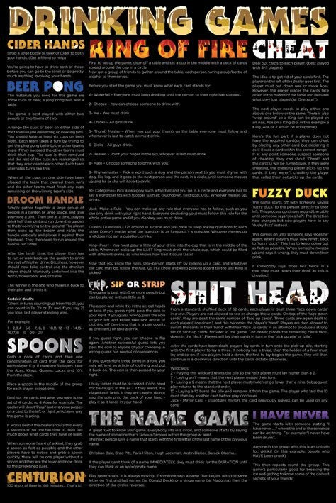 The image is a colorful alternative poster with text describing various drinking games. The games listed in this Drinking Games by ALT 011 are Cider Hands, King of Fire, Cheat, Deer Pong, Broom Handle, Fuzzy Duck, Sip or Strip, Shit Head, Spoons, The Name Game, Centurion, and I Have Never. Each game has its own section.