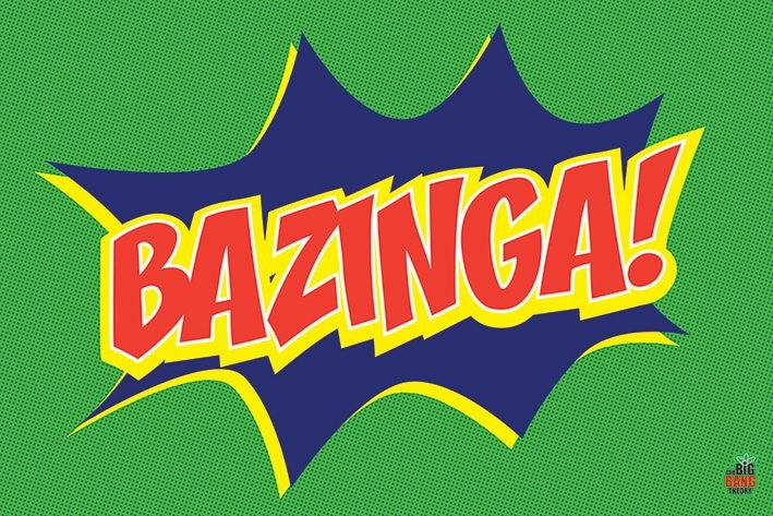 A comic-style exclamation with the word “BAZINGA!” written in bold red letters with yellow outlines on a navy blue starburst background, set against a green dotted backdrop. Perfect for your Movies & TV Collection, this The Big Bang Theory TV Show Poster features a small logo of "MTV 291" in the bottom right corner.