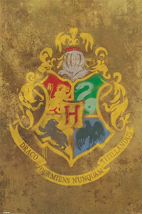A golden, weathered background with the Hogwarts coat of arms from Harry Potter, reminiscent of a hit movie poster. The shield is divided into four sections featuring a lion, snake, badger, and eagle. A large "H" centers it all with the Latin text "Draco Dormiens Nunquam Titillandus" below. Printed on premium 150gsm gloss paper for an exceptional finish. This is the Harry Potter Hogwarts Crest by MTV 226.