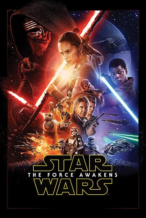 Movie poster for "Star Wars: The Force Awakens" featuring main characters holding lightsabers, various spaceships, and droids against a star-filled background. Printed on premium 150gsm gloss paper, the title is at the bottom in bold yellow letters. The soundtrack titled "Star Wars 7 - Movie Score" by MTV is available now.