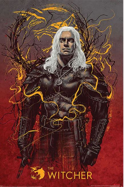 Illustration of a character with long white hair, wearing dark, intricate armor and holding a sword, standing against a backdrop of fiery, swirling lines. "The Witcher" appears at the bottom in yellow with a small graphic of a wolf’s head. Part of our Movies & TV Collection on premium 150gsm gloss paper by MTV 039.