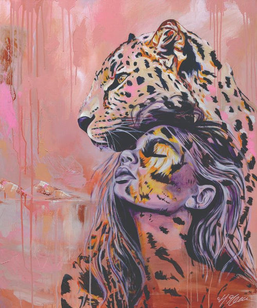 Protect Your Peace by Heylie Morris," a creation from MEZ 508, features a vibrant depiction of a woman and a leopard. The woman's face is partially adorned with leopard-like spots, her eyes closed in serene tranquility. The leopard's head merges seamlessly above hers into the pink and orange background on matte art paper.