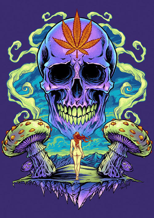 A vibrant psychedelic illustration for an Urban Art Poster depicts a large purple skull with a cannabis leaf on its forehead, emitting green smoke. Below are two large, red-spotted mushrooms, and in the center, a person with flowing red hair stands facing the surreal scene against a cosmic backdrop. Introducing "Purple Cannabis Skull" by Flyland Designs from ALT 053.