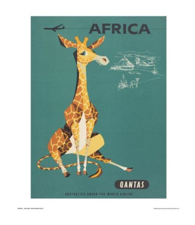 A vintage TAP Qantas - Africa Giraffe travel print featuring a giraffe sitting on the ground with a small airplane flying overhead. In the background, there are sketches of an African village and wildlife. Printed on premium quality matte art paper, the text reads "Africa" at the top and "Australia's Round-The-World Airline" at the bottom.