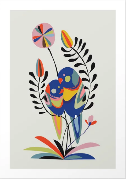 A colorful illustration of two abstract birds perched on a branch, surrounded by multicolored leaves and flowers on a light background. Featured in the Rainbow Lorikeet by Rachel Lee for the fap collection, the vibrant hues of blue, yellow, red, and green create a harmonious and whimsical composition.