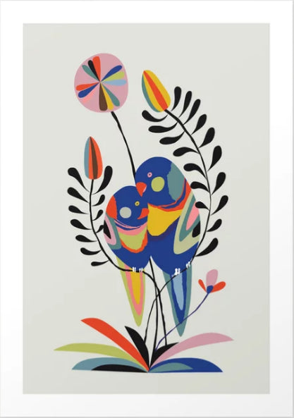 A colorful illustration of two abstract birds perched on a branch, surrounded by multicolored leaves and flowers on a light background. Featured in the Rainbow Lorikeet by Rachel Lee for the fap collection, the vibrant hues of blue, yellow, red, and green create a harmonious and whimsical composition.