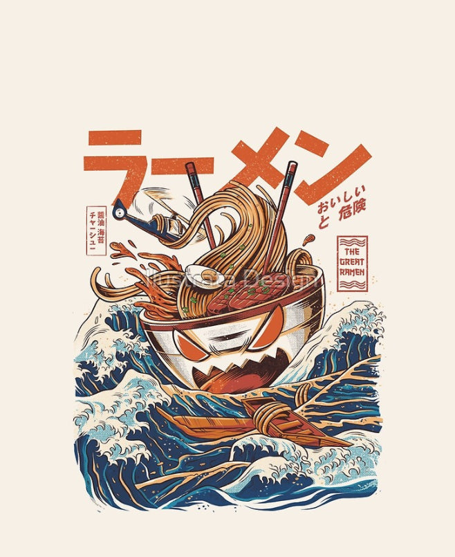 A dynamic illustration features a bowl of ramen with chopsticks, depicted as a turbulent ocean with waves and noodles splashing out. A menacing face is carved into the bowl. Japanese text reads "delicious and dangerous." English text states "The Great Ramen Apron Cream." Available on a sublimation printed, machine washable apron from Blue Dog Posters.