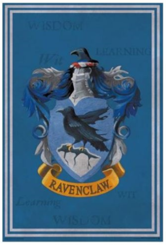 A blue banner, printed on premium gloss paper, features the Ravenclaw Crest from MTV 274. The crest depicts an eagle standing on a rock against a blue shield. Above the shield, a helmet is adorned with blue and silver feathers. Below, a gold ribbon reads "RAVENCLAW." The words "WISDOM," "LEARNING," and "WIT" are
